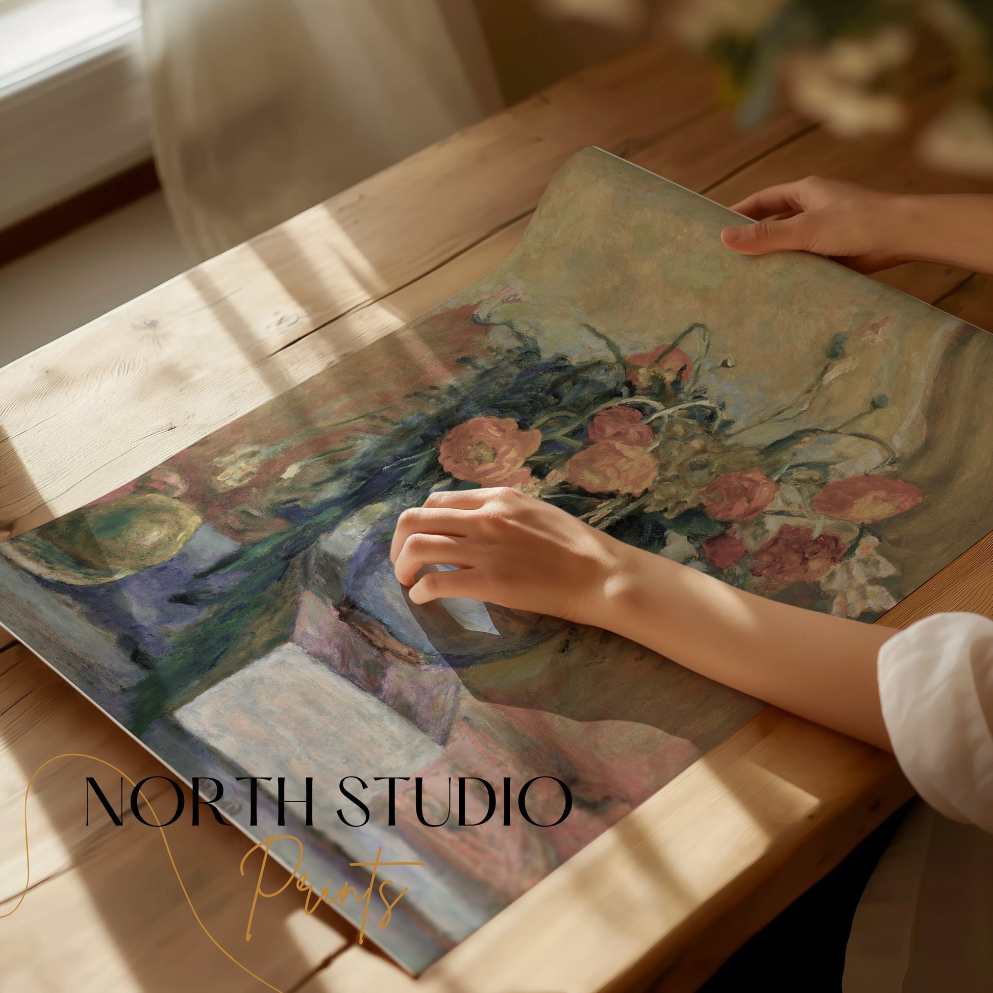 Premium Poster of Still Life of Flowers in Vase with Books Posters