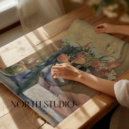 Premium Poster of Still Life of Flowers in Vase with Books Posters