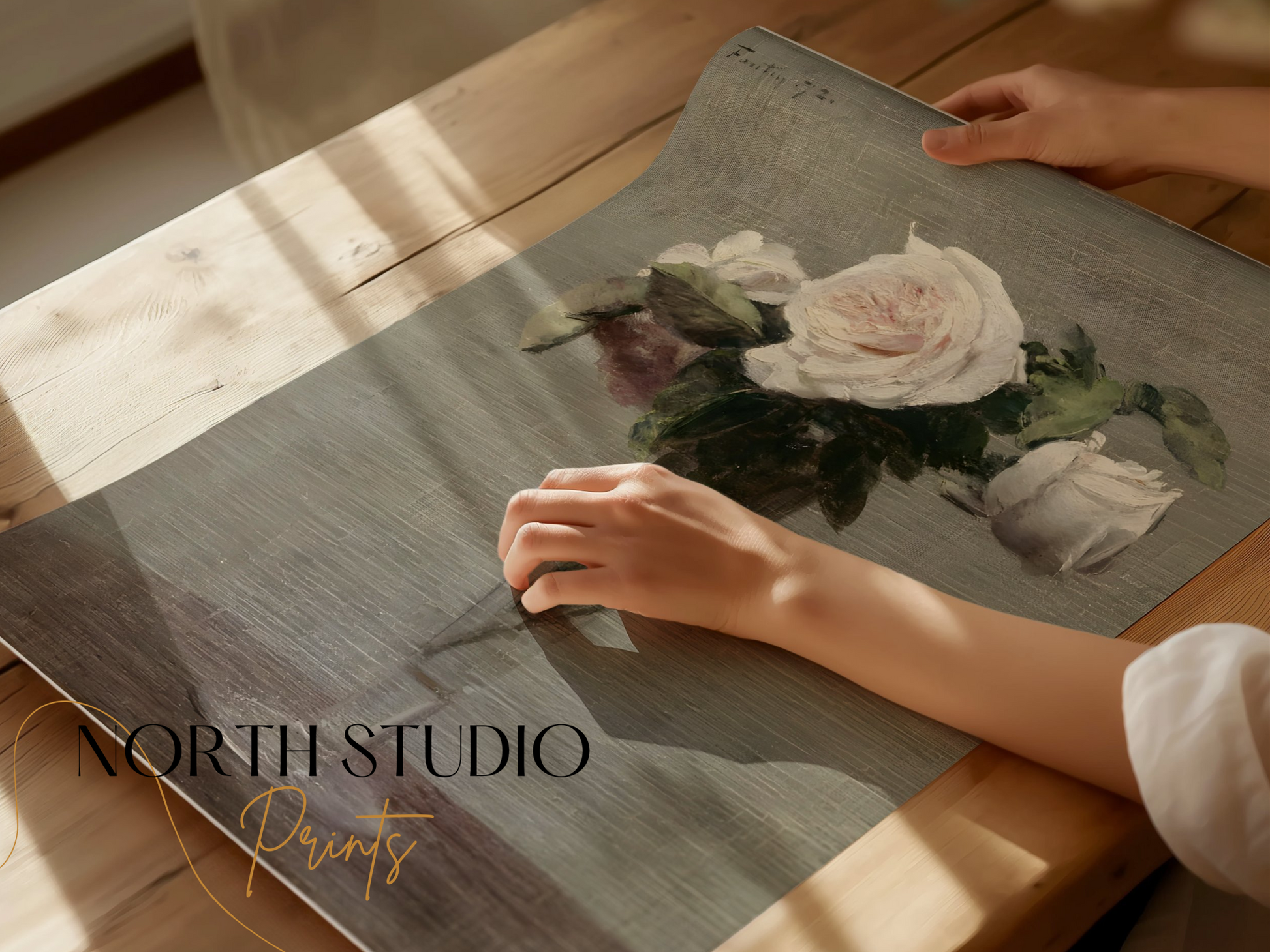 Premium Poster of Still Life with White Roses in Glass Vase Posters