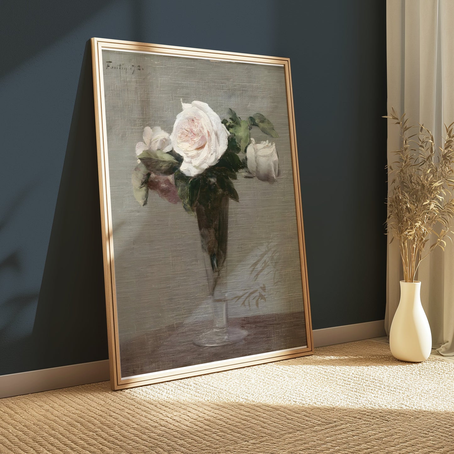 Premium Poster of Still Life with White Roses in Glass Vase Posters