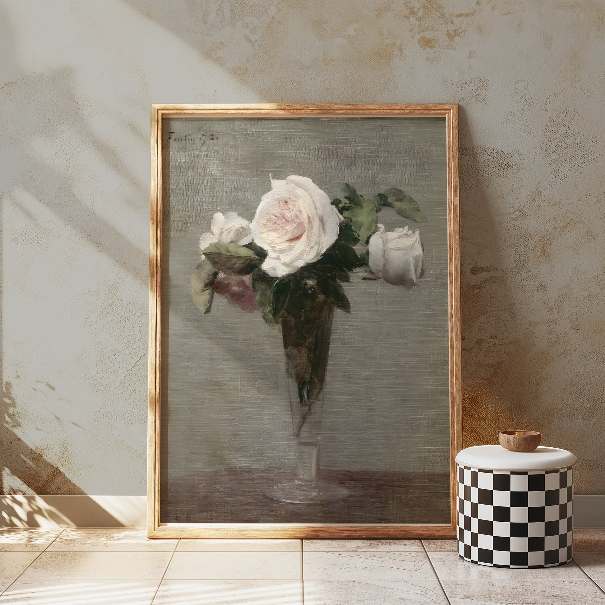 Premium Poster of Still Life with White Roses in Glass Vase Posters