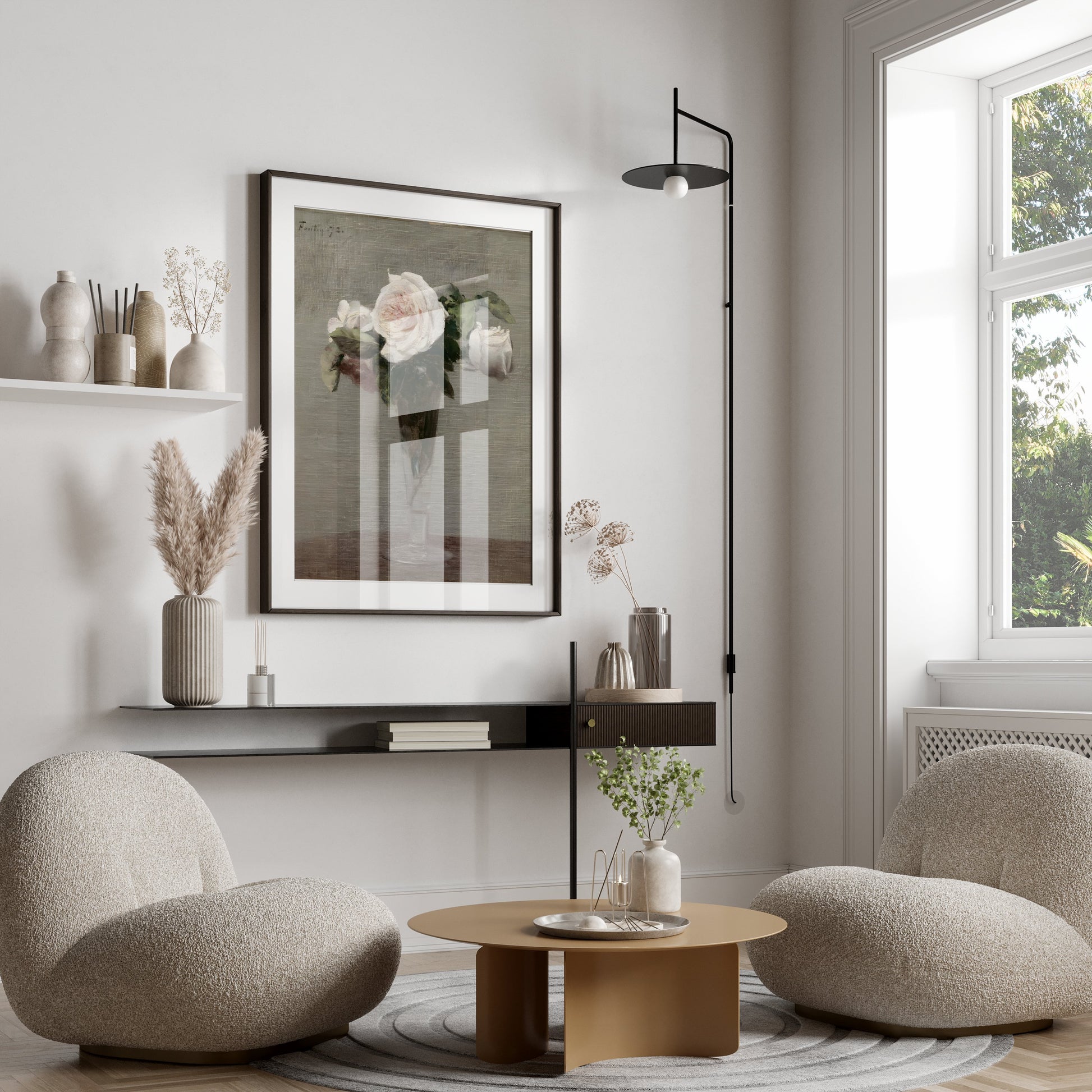 Premium Poster of Still Life with White Roses in Glass Vase Posters