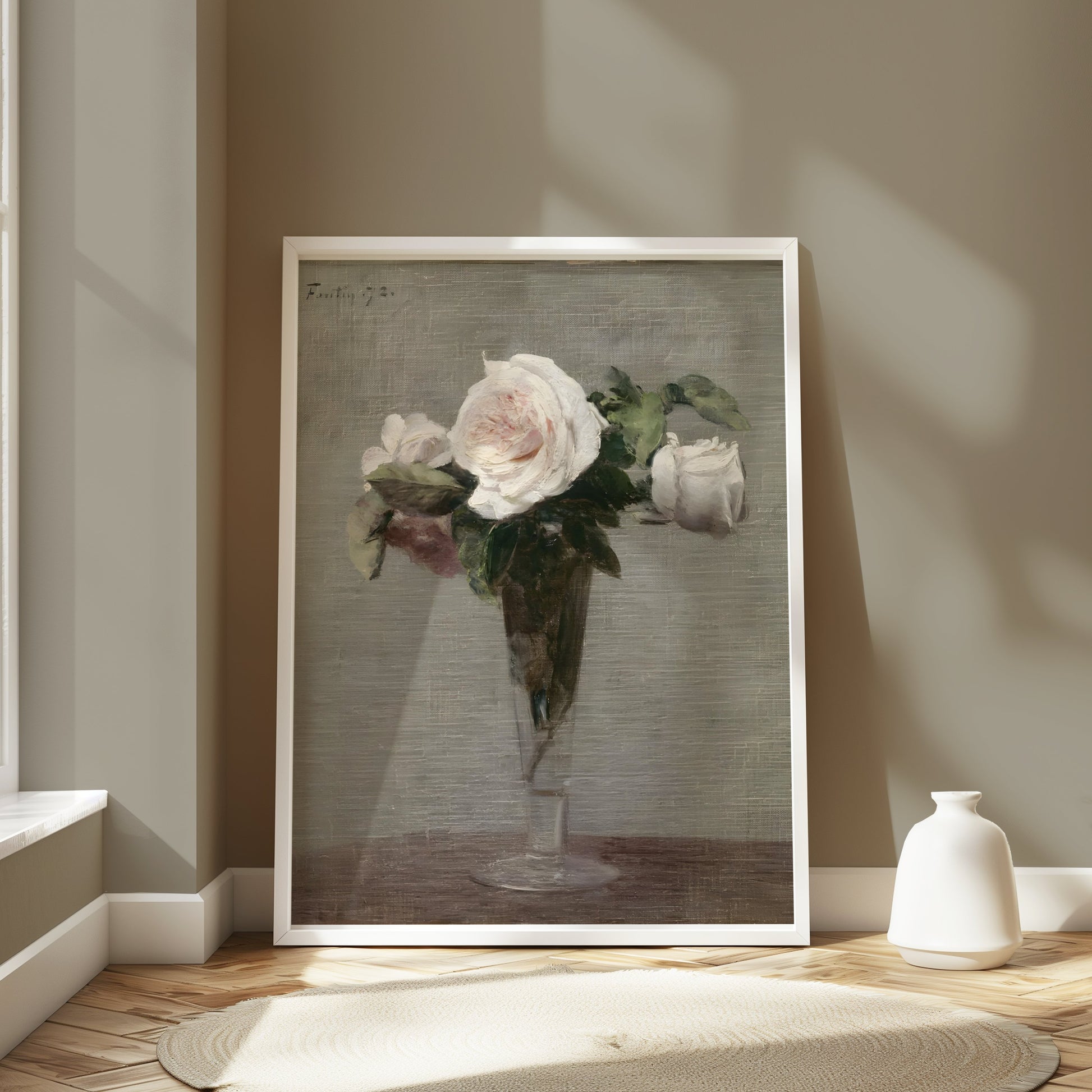 Premium Poster of Still Life with White Roses in Glass Vase Posters