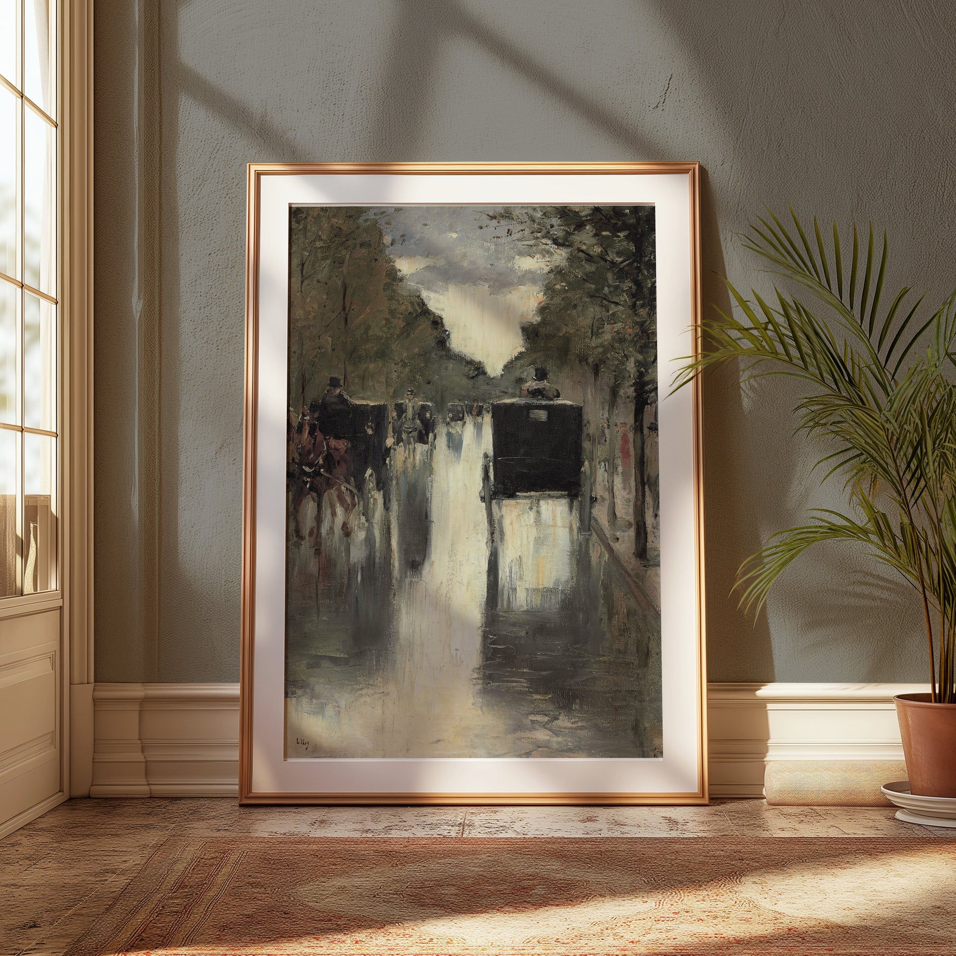 Premium Poster of Street Carriages on Rainy Day Artistic Vintage Posters