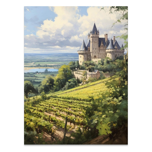 Premium Poster of Stunning Castle Overlooking Lush Vineyard Landscape Posters