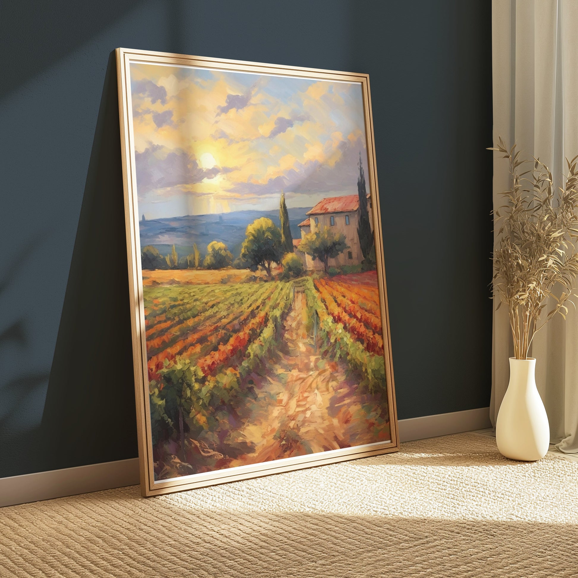 Premium Poster of Stunning Countryside Sunset with Vineyard Scene Posters