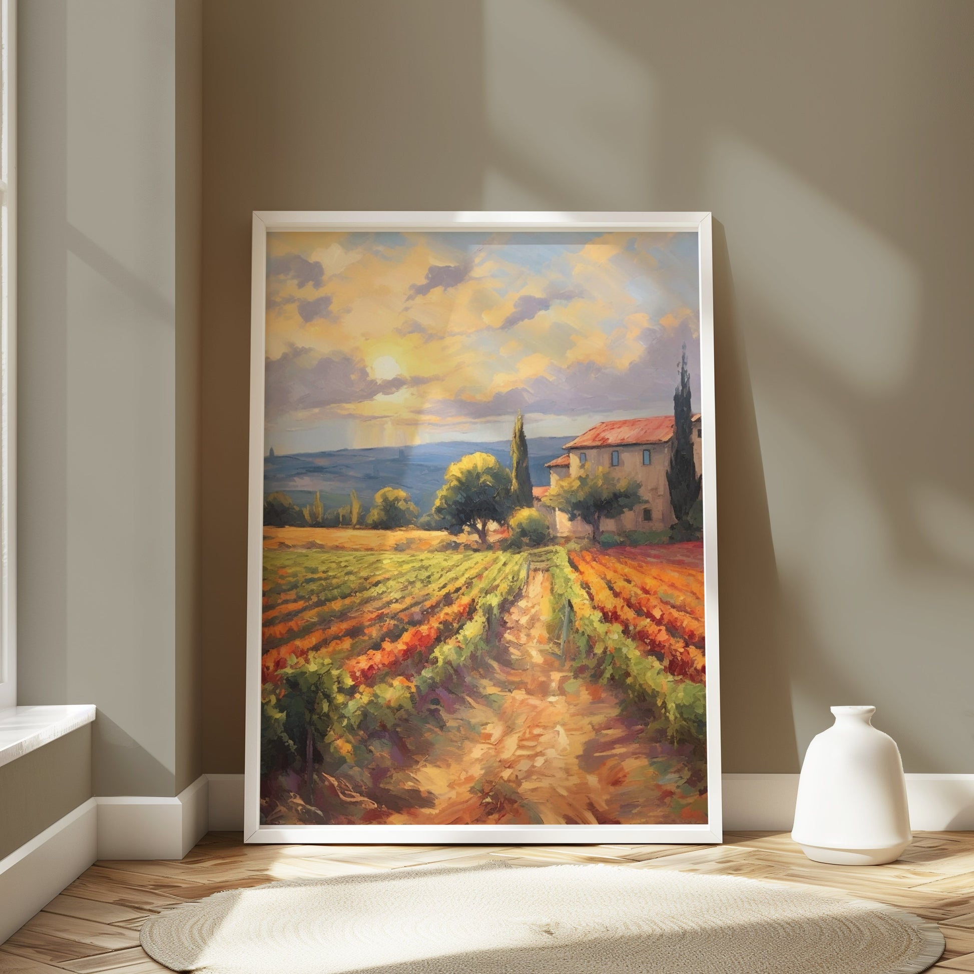 Premium Poster of Stunning Countryside Sunset with Vineyard Scene Posters