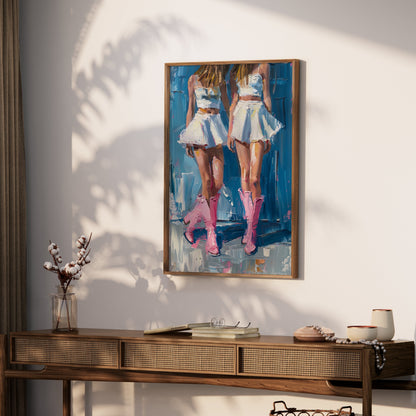 Premium Poster of Stunning Twin Cowgirl Fashion in Pink Boots Posters