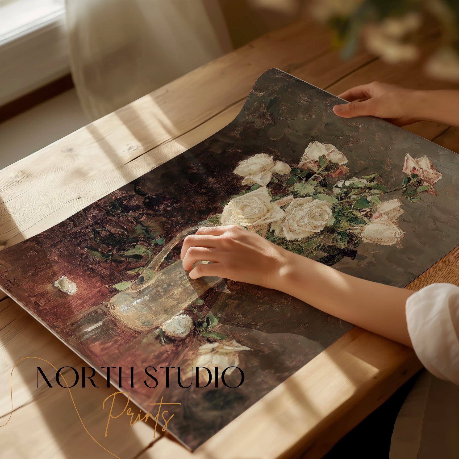 Premium Poster of Stunning White Roses in Glass Vase Artistic Posters