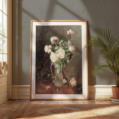 Premium Poster of Stunning White Roses in Glass Vase Artistic Posters