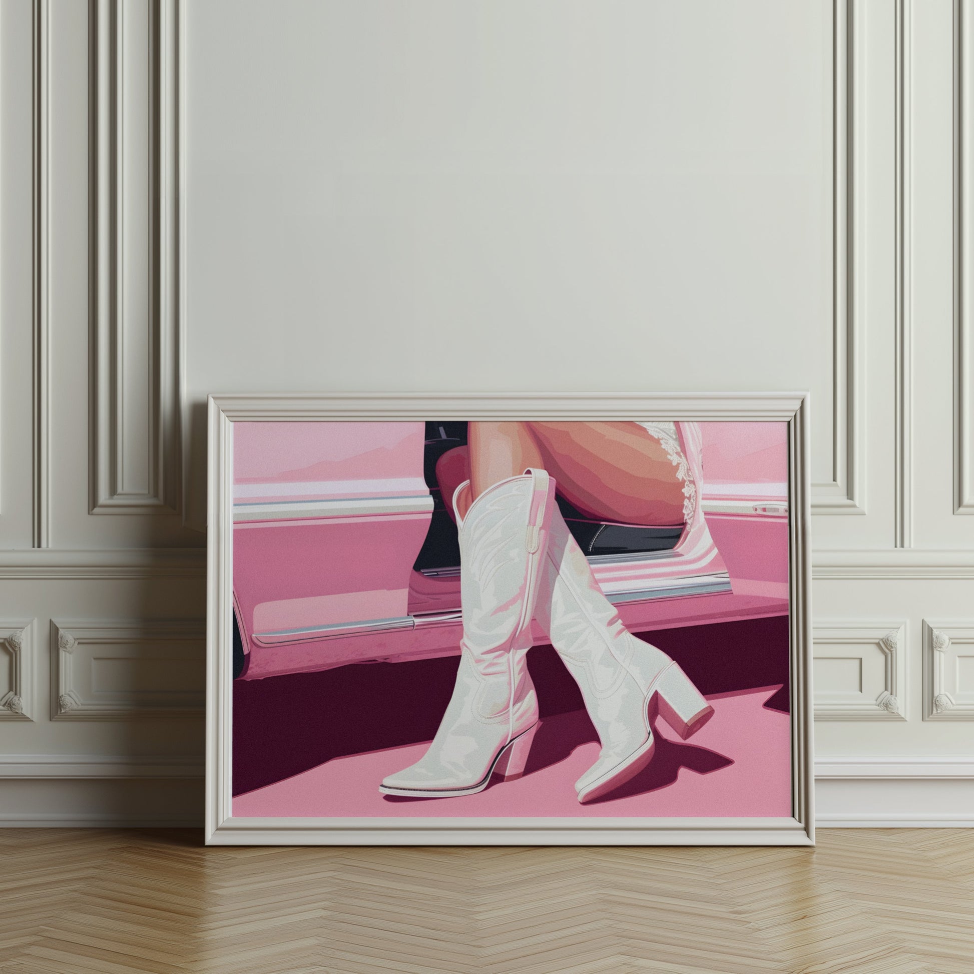 Premium Poster of Stylish Boots in Vintage Car Art Print Posters