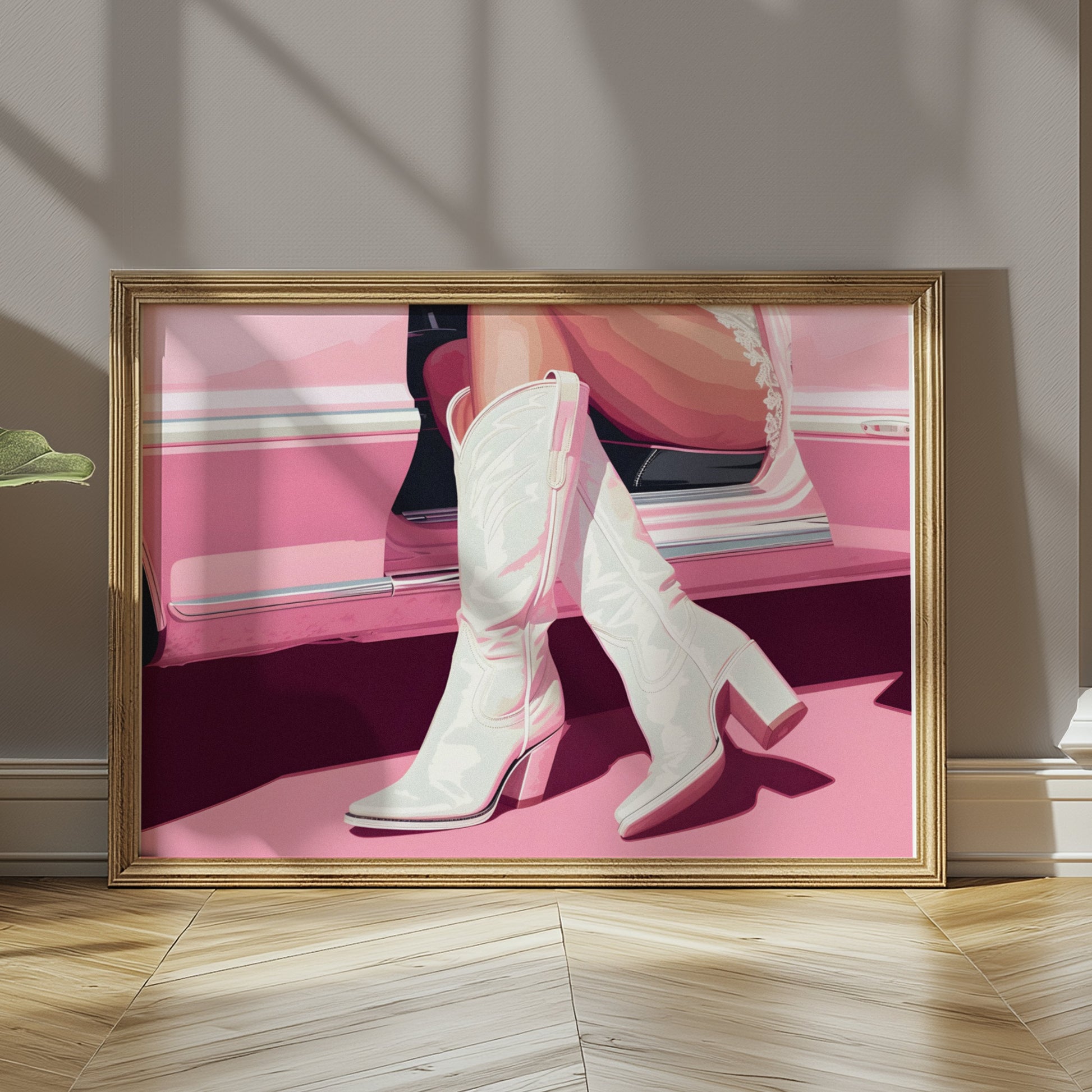 Premium Poster of Stylish Boots in Vintage Car Art Print Posters