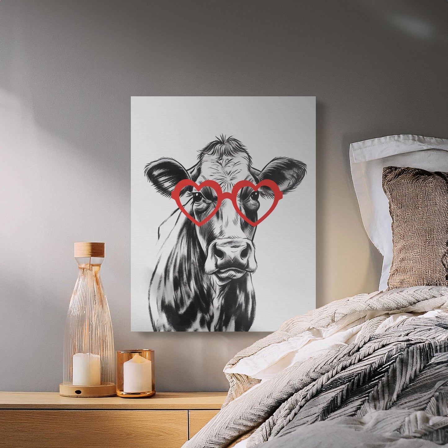Premium Poster of Stylish Cow Sketch Portrait With Red Glasses Canvas Wraps