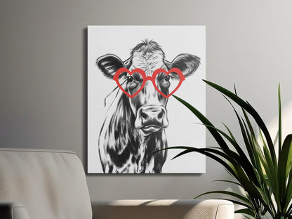 Premium Poster of Stylish Cow Sketch Portrait With Red Glasses Canvas Wraps