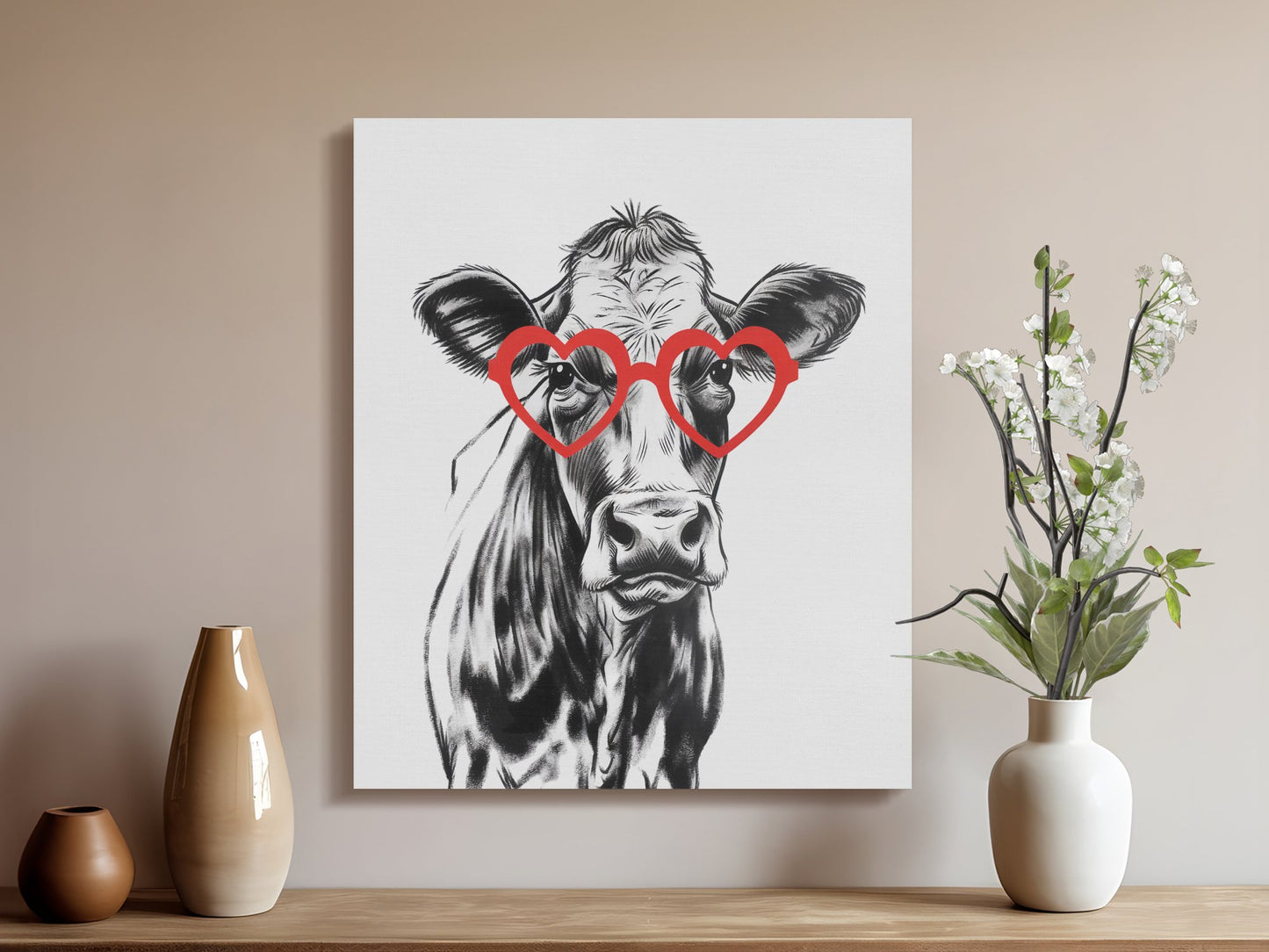 Premium Poster of Stylish Cow Sketch Portrait With Red Glasses Canvas Wraps
