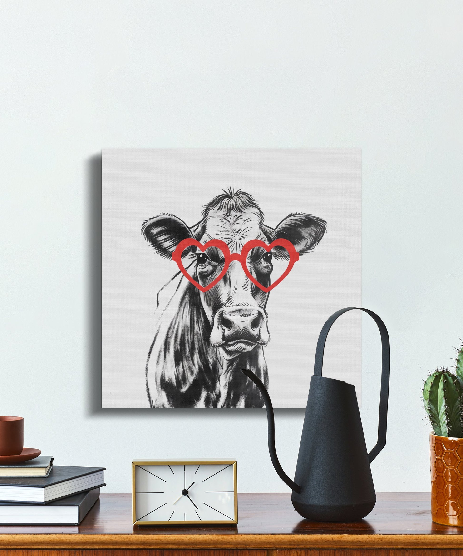 Premium Poster of Stylish Cow Sketch Portrait With Red Glasses Canvas Wraps