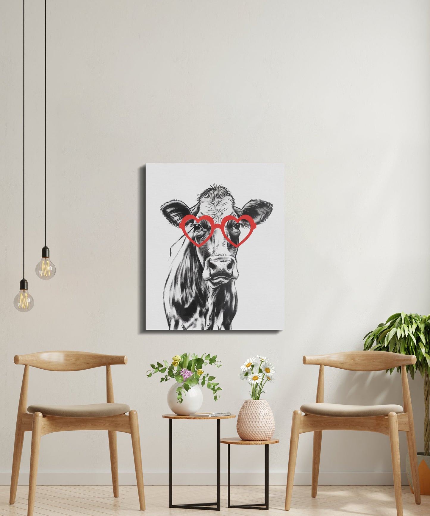 Premium Poster of Stylish Cow Sketch Portrait With Red Glasses Canvas Wraps