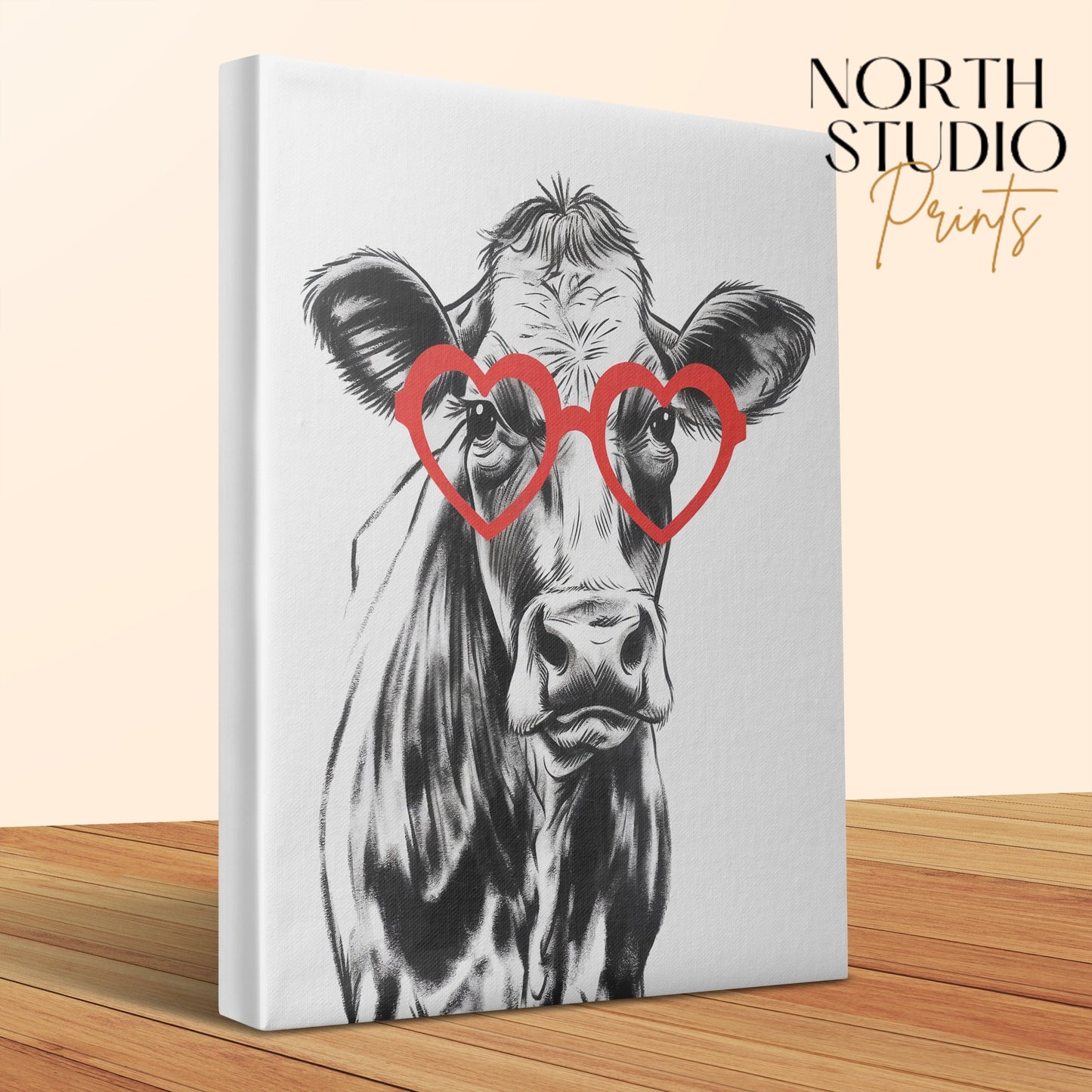 Premium Poster of Stylish Cow Sketch Portrait With Red Glasses Canvas Wraps