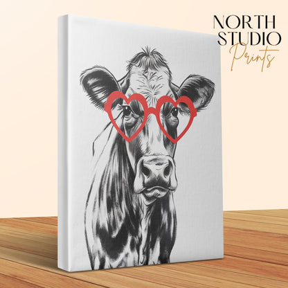 Premium Poster of Stylish Cow Sketch Portrait With Red Glasses Canvas Wraps