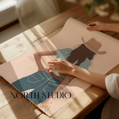 Premium Poster of Stylish Cowgirl Stands in Blue Jeans Art Posters