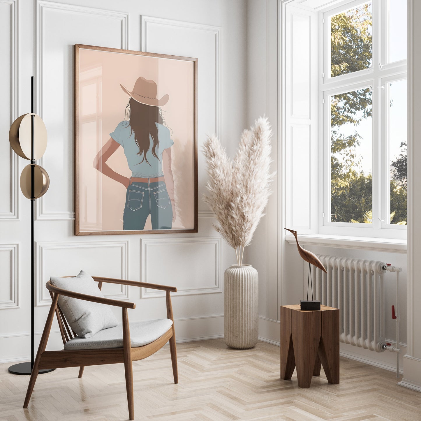 Premium Poster of Stylish Cowgirl Stands in Blue Jeans Art Posters