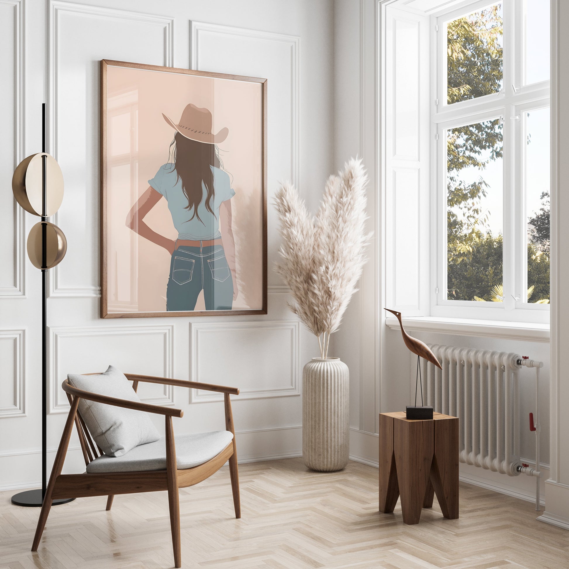 Premium Poster of Stylish Cowgirl Stands in Blue Jeans Art Posters