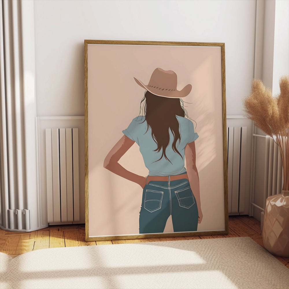 Premium Poster of Stylish Cowgirl Stands in Blue Jeans Art Posters