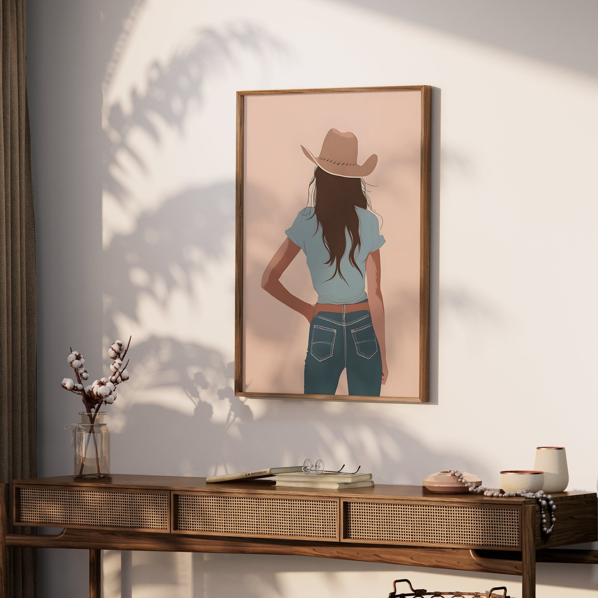 Premium Poster of Stylish Cowgirl Stands in Blue Jeans Art Posters