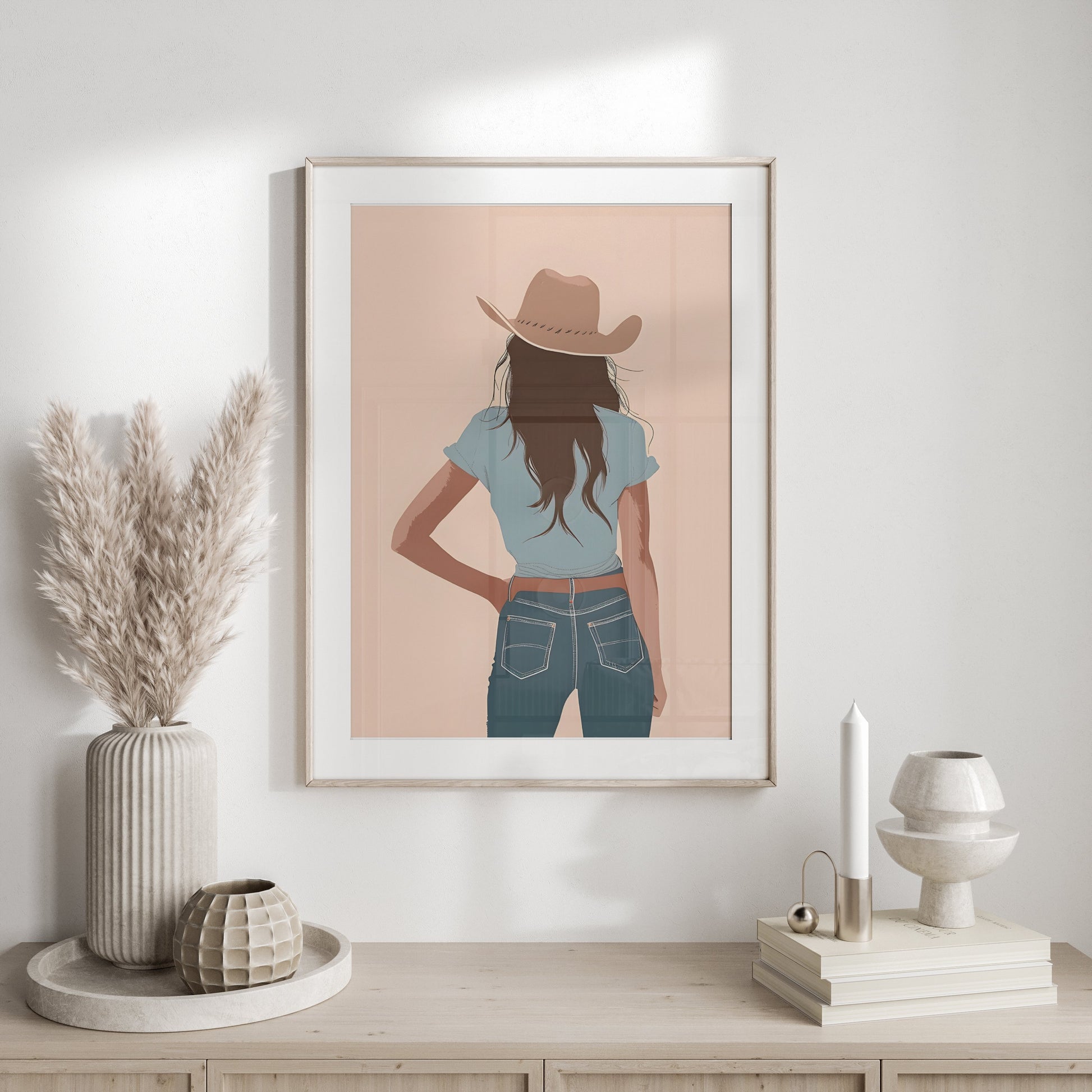 Premium Poster of Stylish Cowgirl Stands in Blue Jeans Art Posters
