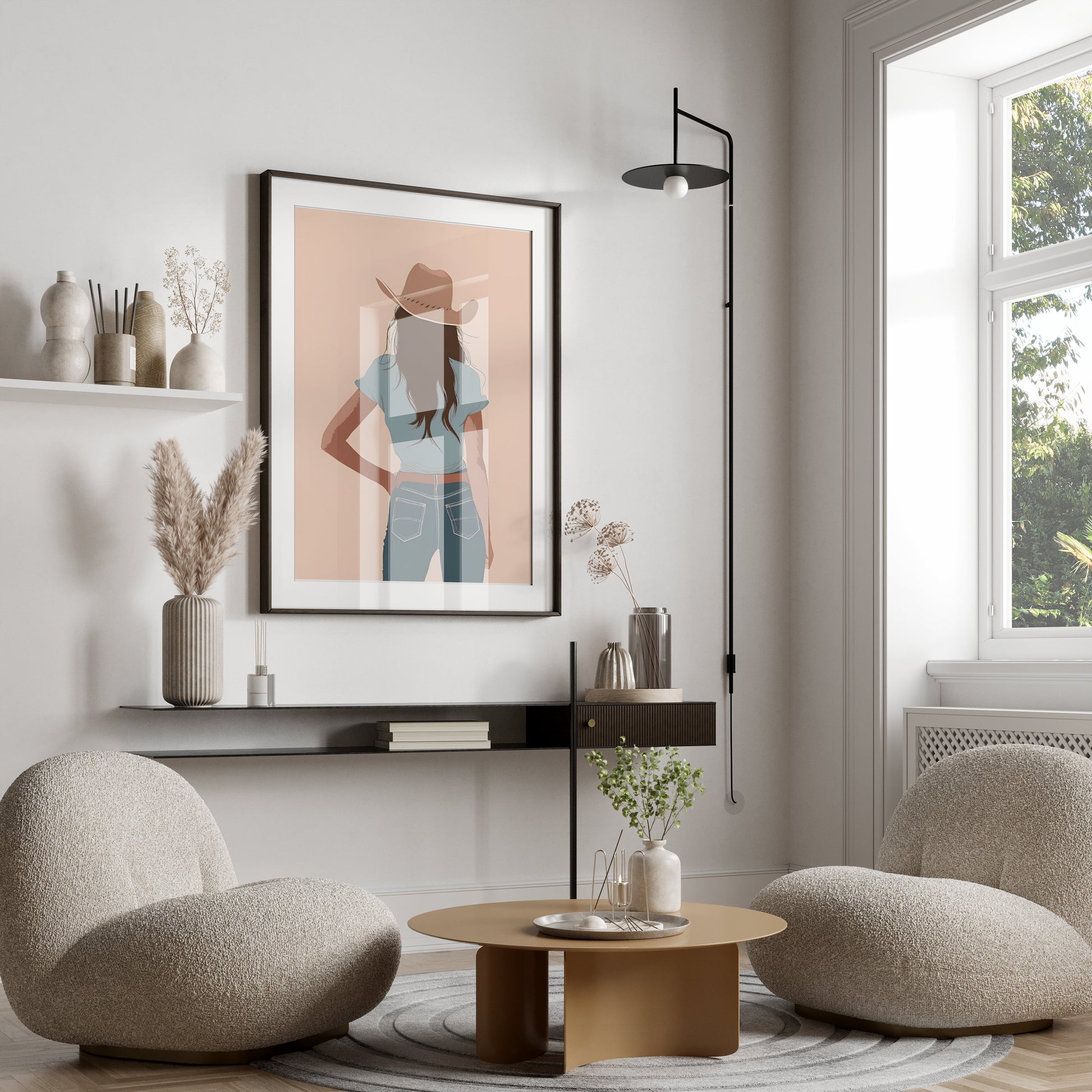 Premium Poster of Stylish Cowgirl Stands in Blue Jeans Art Posters