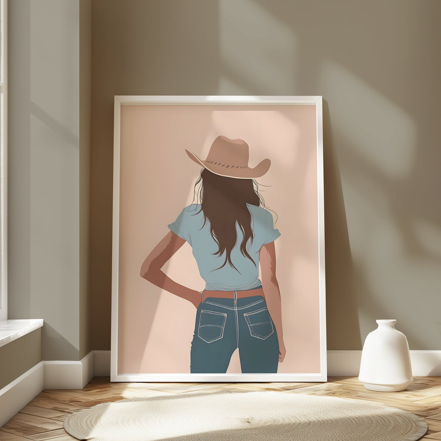 Premium Poster of Stylish Cowgirl Stands in Blue Jeans Art Posters