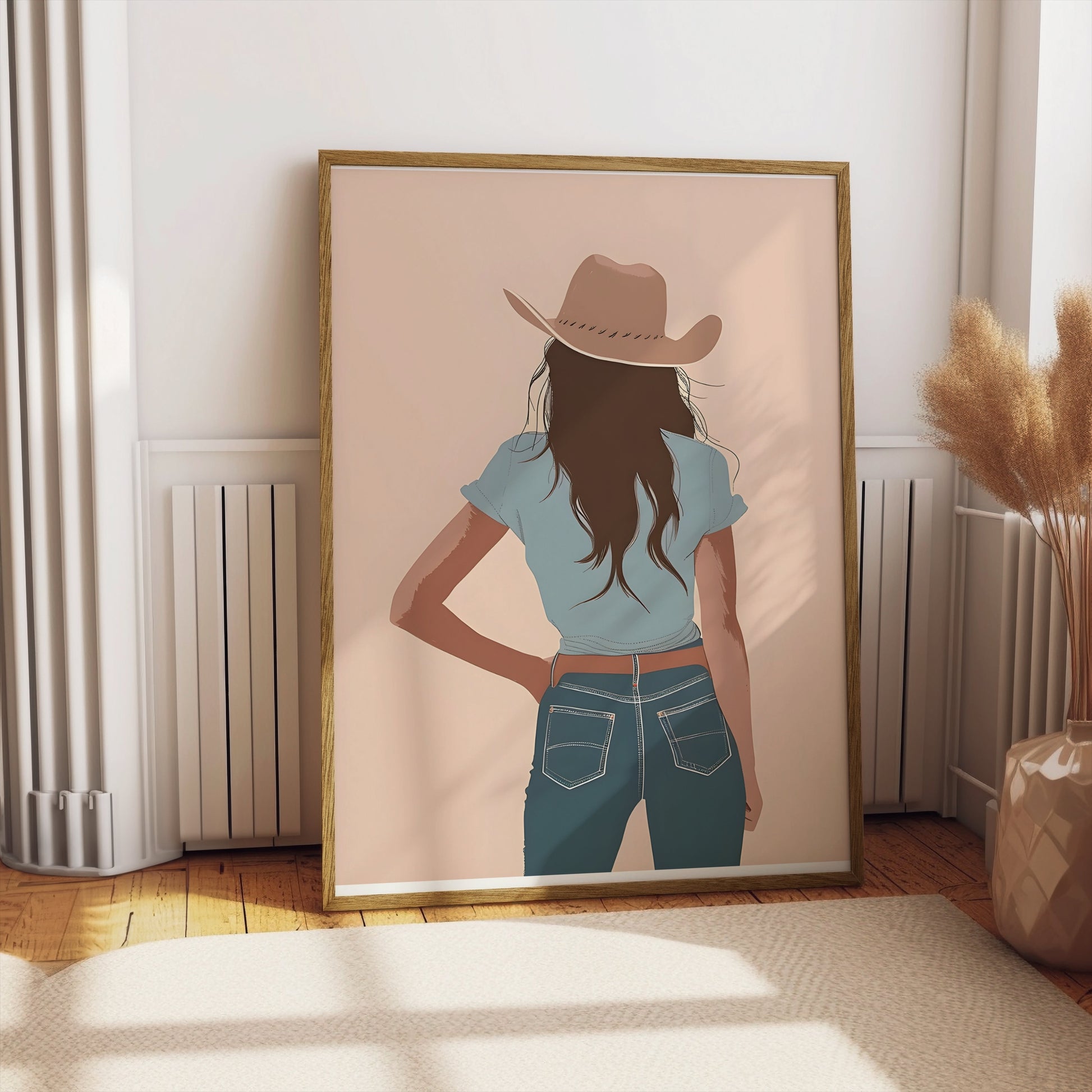 Premium Poster of Stylish Cowgirl Stands in Blue Jeans Art Posters