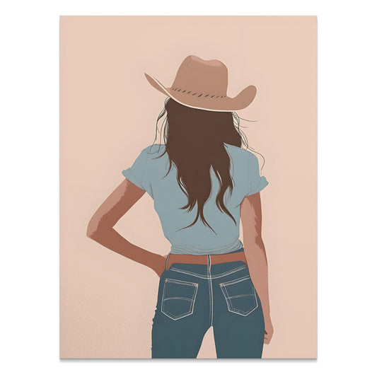 Premium Poster of Stylish Cowgirl Stands in Blue Jeans Art Posters