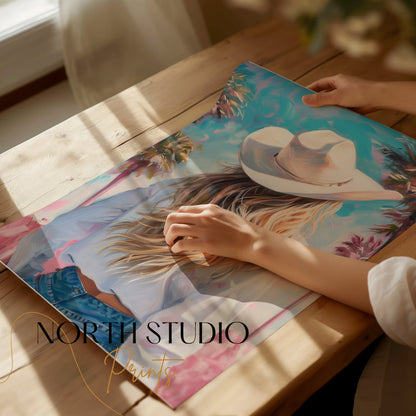 Premium Poster of Stylish Cowgirl with Palm Trees Artistic Posters