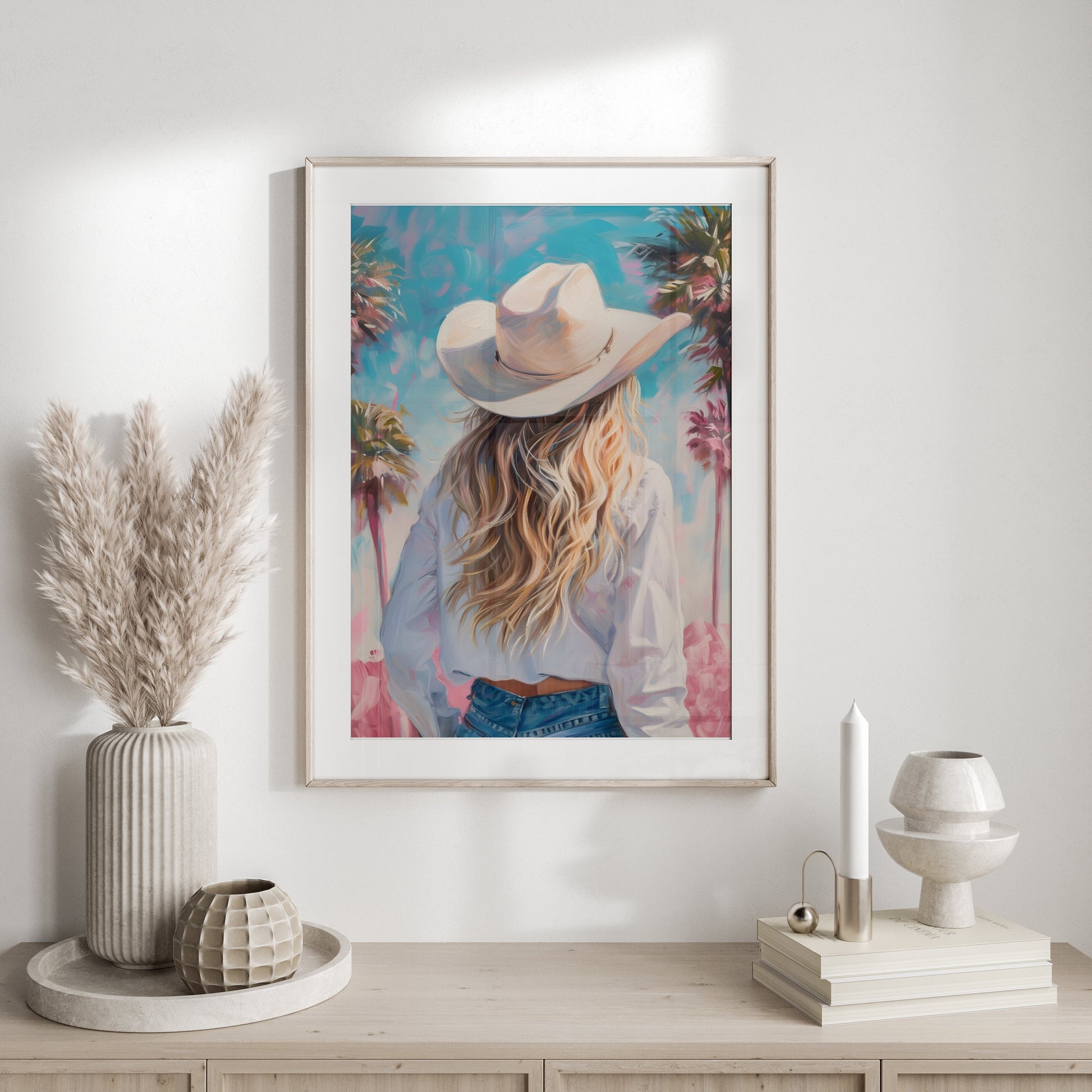 Premium Poster of Stylish Cowgirl with Palm Trees Artistic Posters