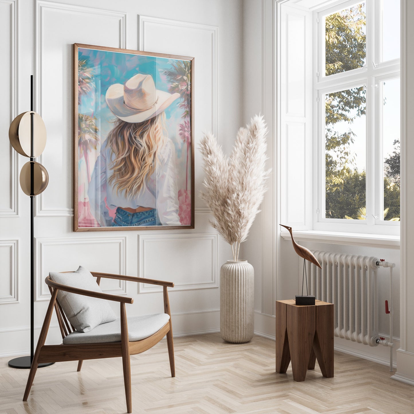Premium Poster of Stylish Cowgirl with Palm Trees Artistic Posters