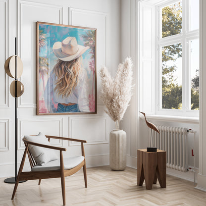 Premium Poster of Stylish Cowgirl with Palm Trees Artistic Posters