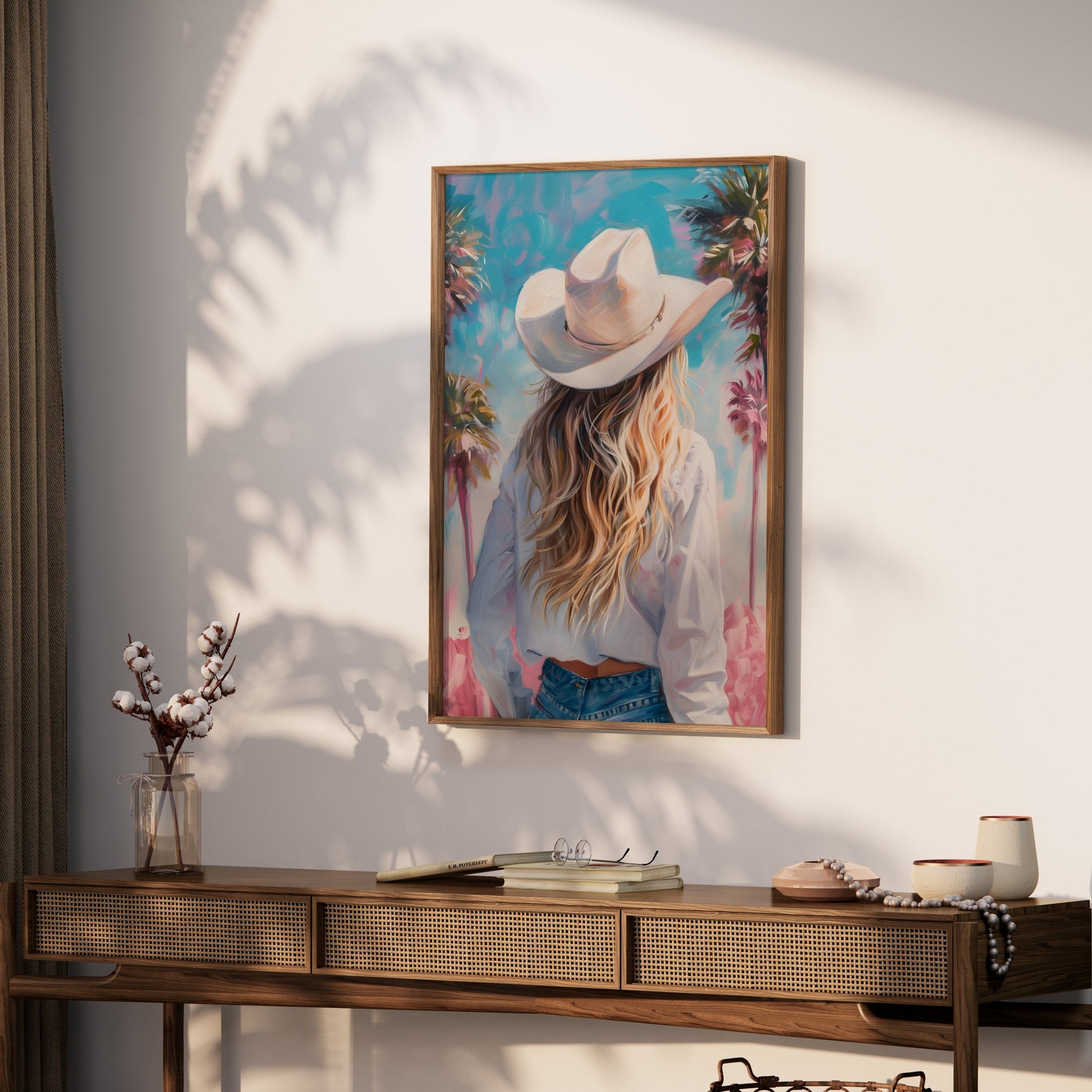 Premium Poster of Stylish Cowgirl with Palm Trees Artistic Posters
