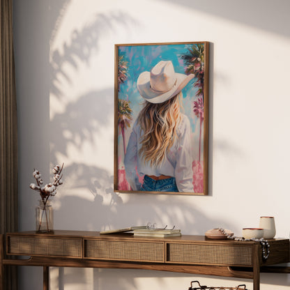 Premium Poster of Stylish Cowgirl with Palm Trees Artistic Posters