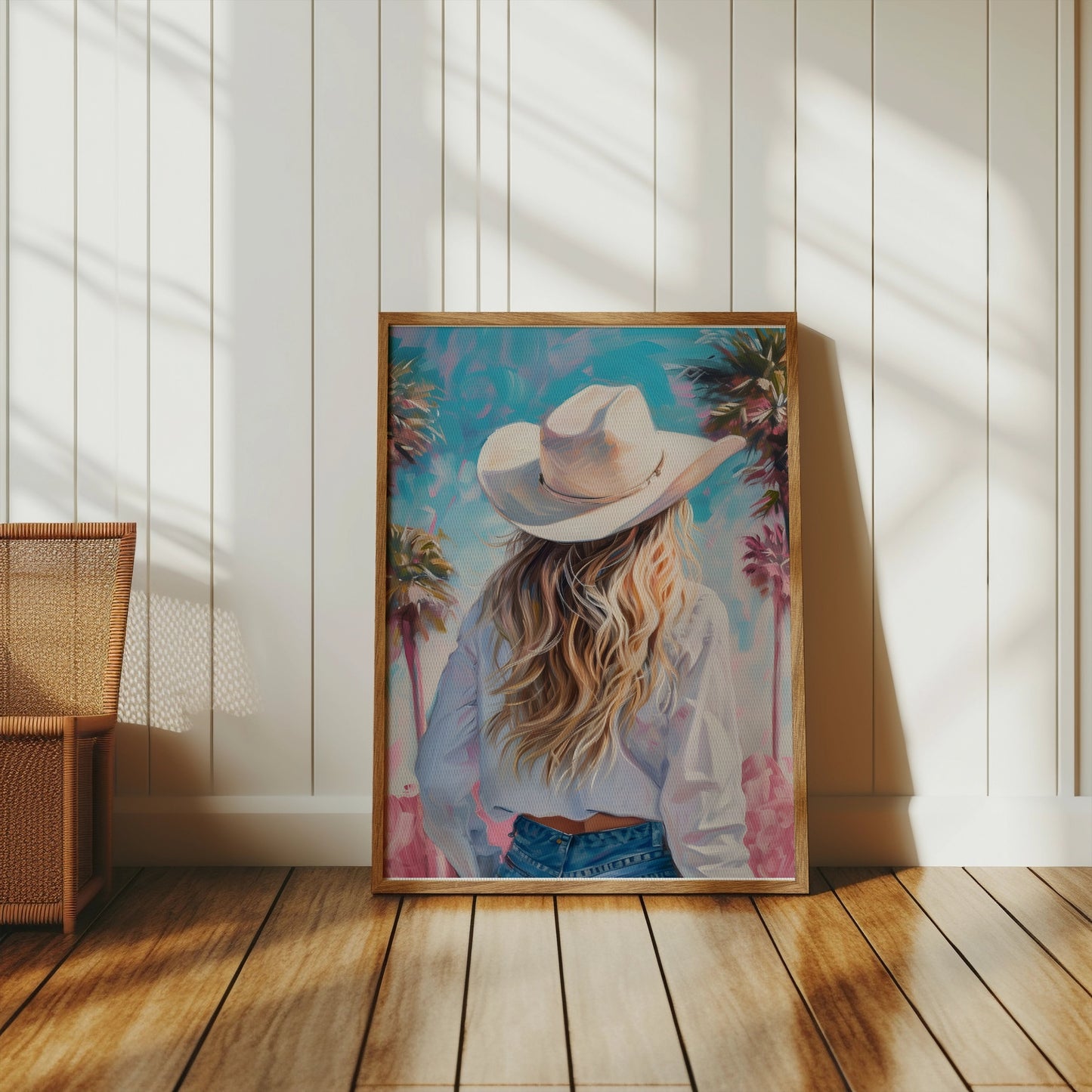 Premium Poster of Stylish Cowgirl with Palm Trees Artistic Posters