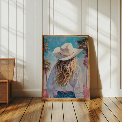 Premium Poster of Stylish Cowgirl with Palm Trees Artistic Posters