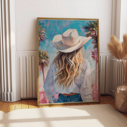 Premium Poster of Stylish Cowgirl with Palm Trees Artistic Posters
