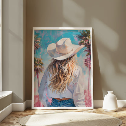 Premium Poster of Stylish Cowgirl with Palm Trees Artistic Posters