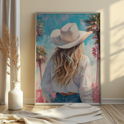 Premium Poster of Stylish Cowgirl with Palm Trees Artistic Posters