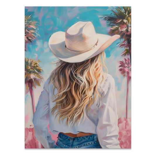 Premium Poster of Stylish Cowgirl with Palm Trees Artistic Posters
