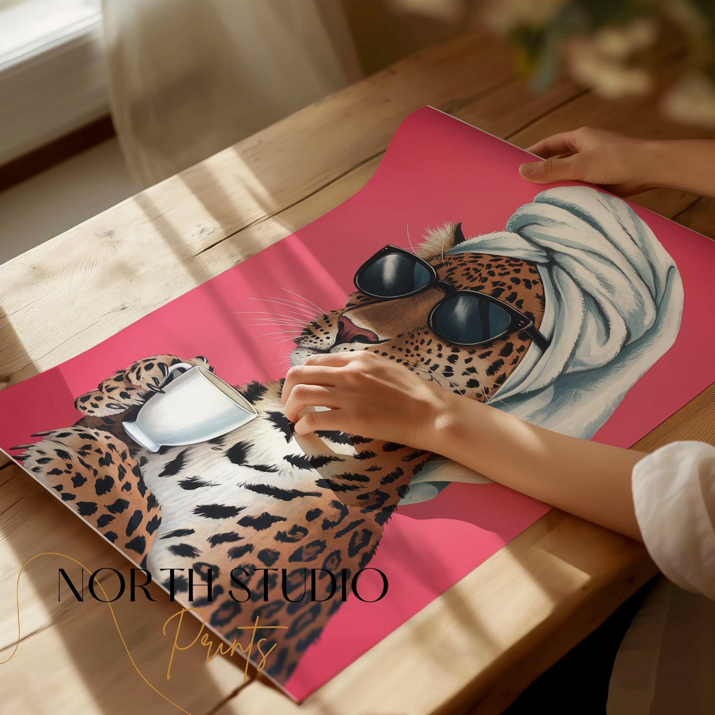 Premium Poster of Stylish Leopard in Sunglasses Drinking Coffee Posters