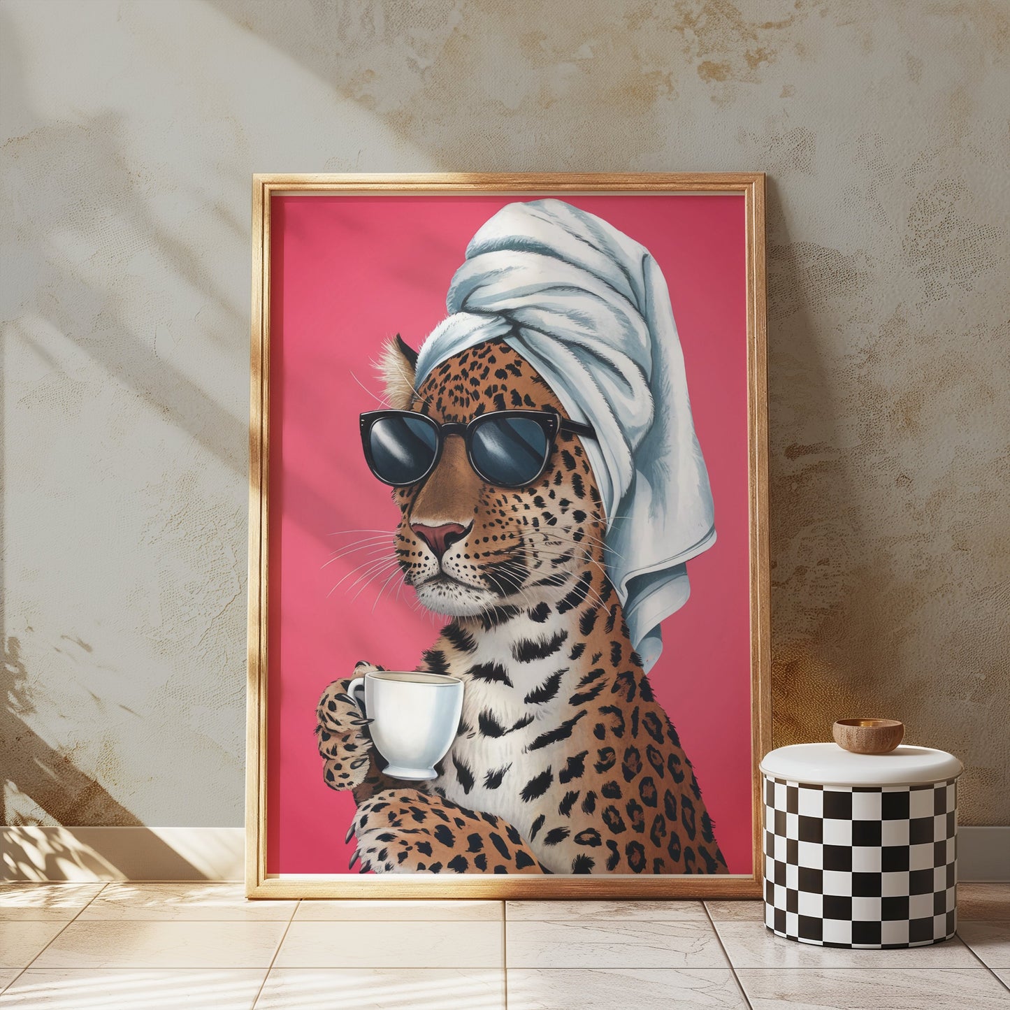 Premium Poster of Stylish Leopard in Sunglasses Drinking Coffee Posters