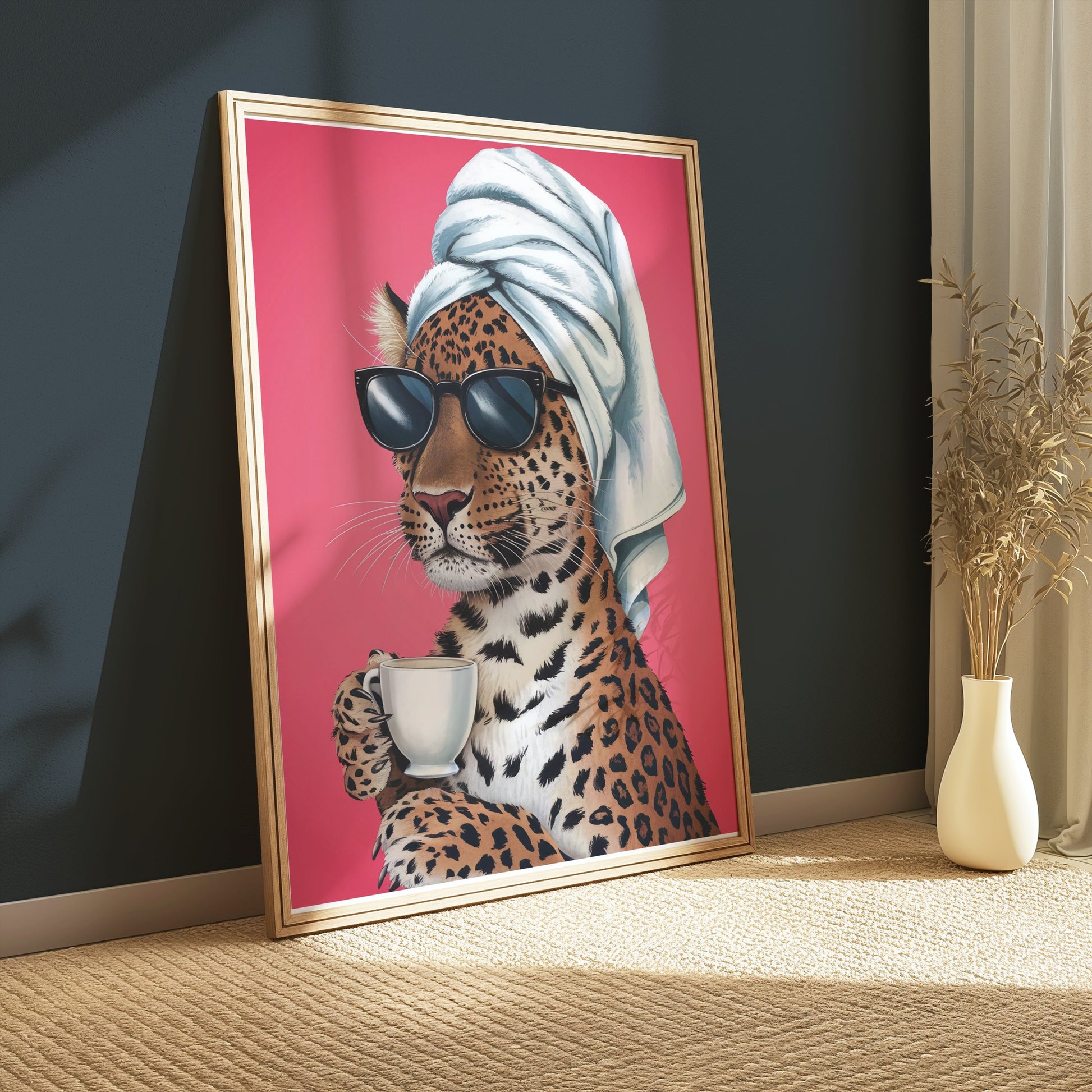 Premium Poster of Stylish Leopard in Sunglasses Drinking Coffee Posters