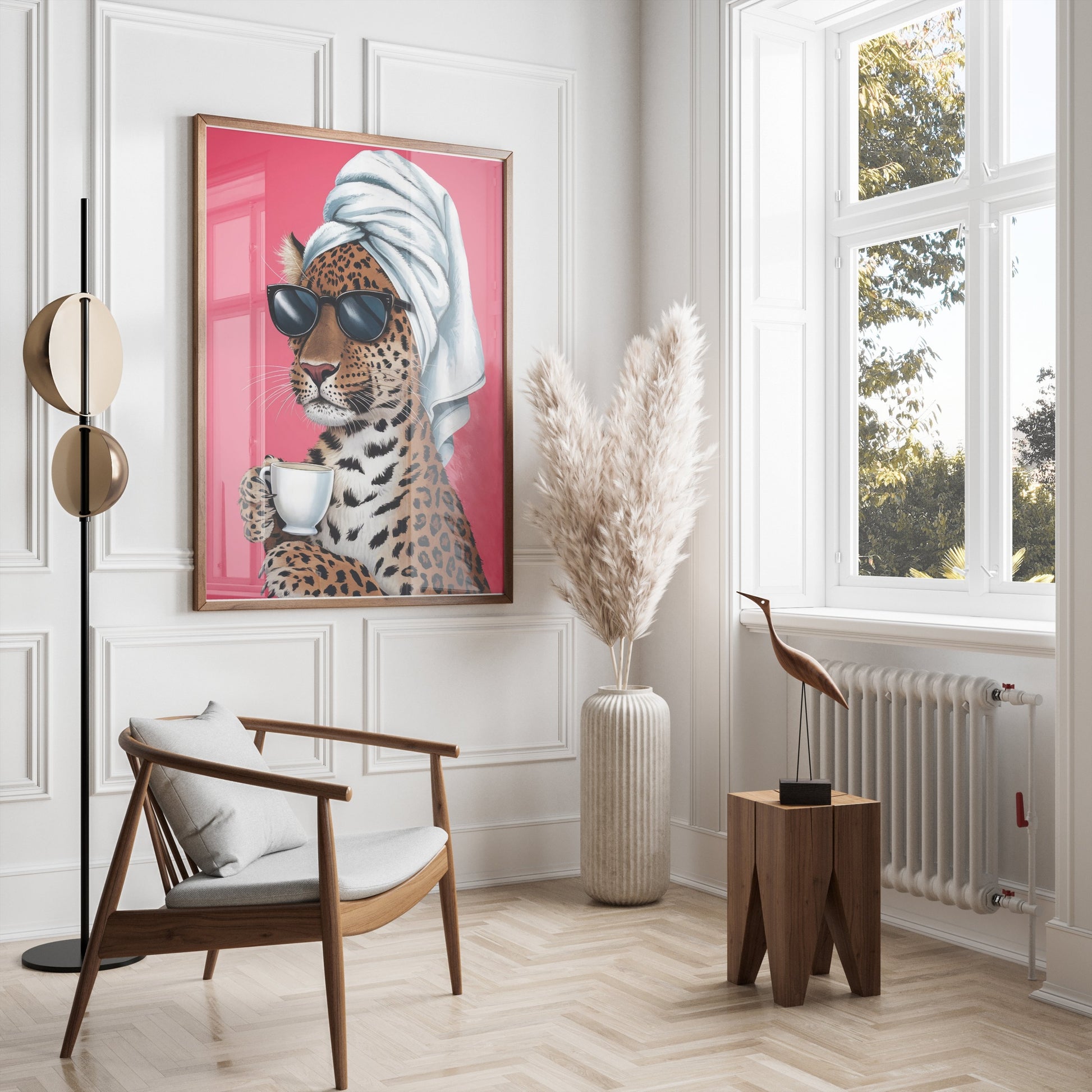 Premium Poster of Stylish Leopard in Sunglasses Drinking Coffee Posters