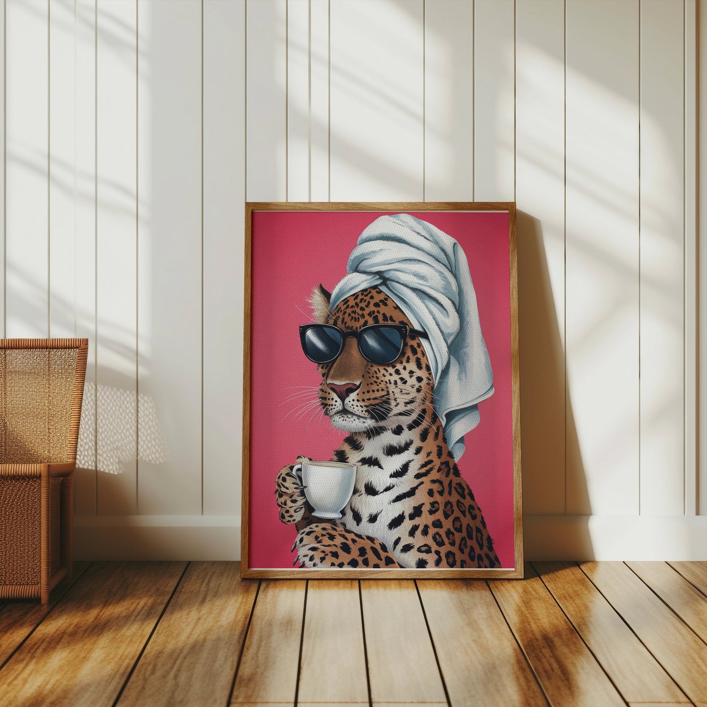 Premium Poster of Stylish Leopard in Sunglasses Drinking Coffee Posters